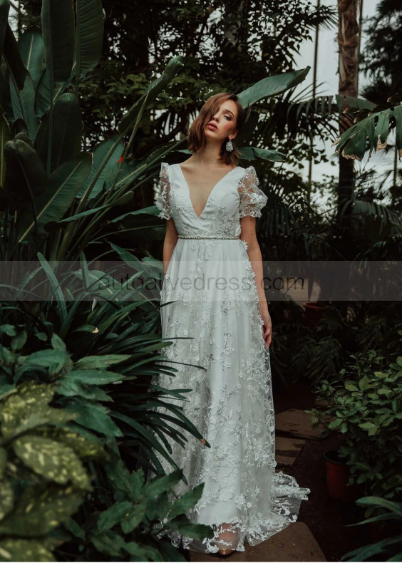 Short Sleeves Ivory 3D Lace Tulle Wedding Dress With Beaded Sash